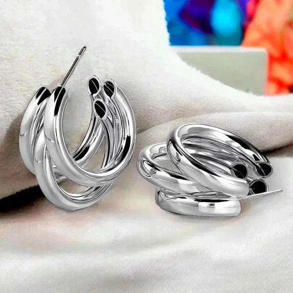 ποΈMinimalist Multi-Layer C-Shaped Hoop Earrings Iron Stainless Steel Ear Posts - Picture 10 of 13